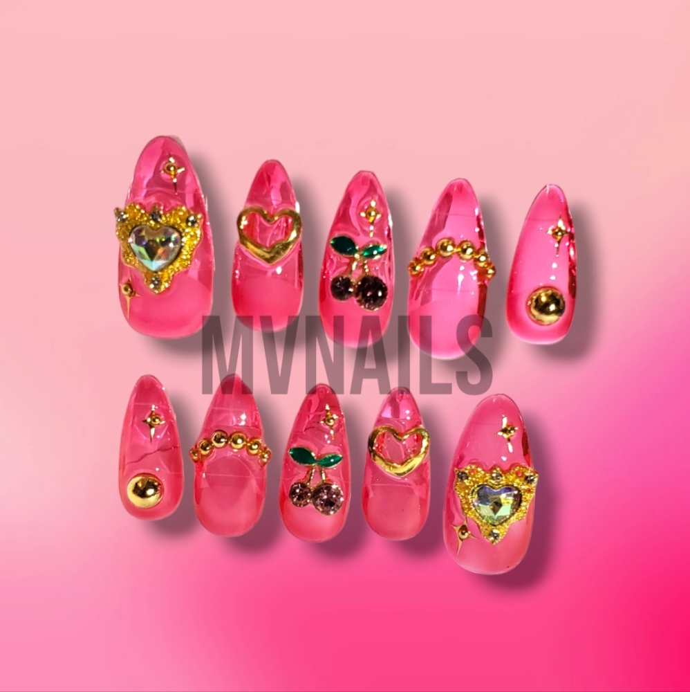 Pink Glass Cherry press on nails